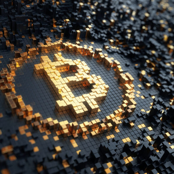 Bitcoin concept - bitcoin sign consisting of block cubes. 3d rendering