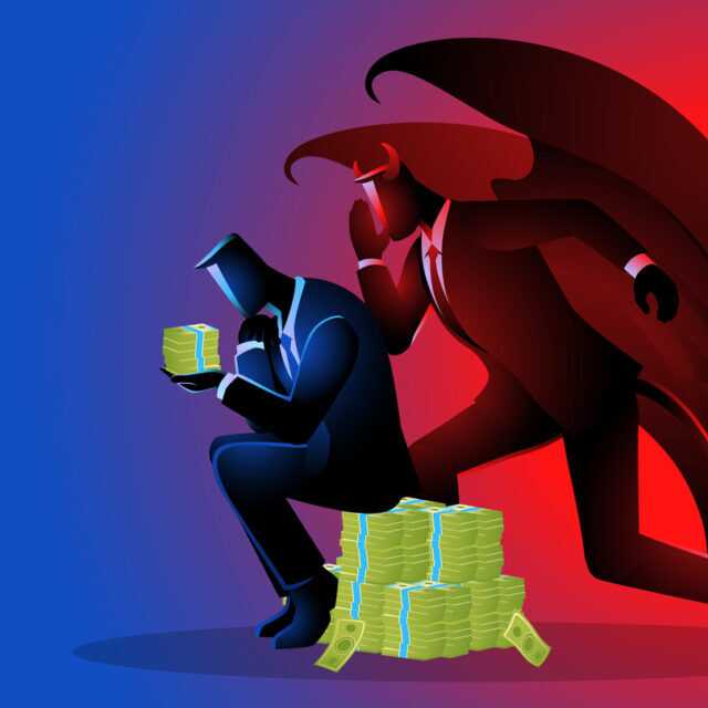 Businessman sitting on a pile of money, holding cash with a pensive expression, as Satan whispers in his ear. Satan's temptation when holding a lot of money